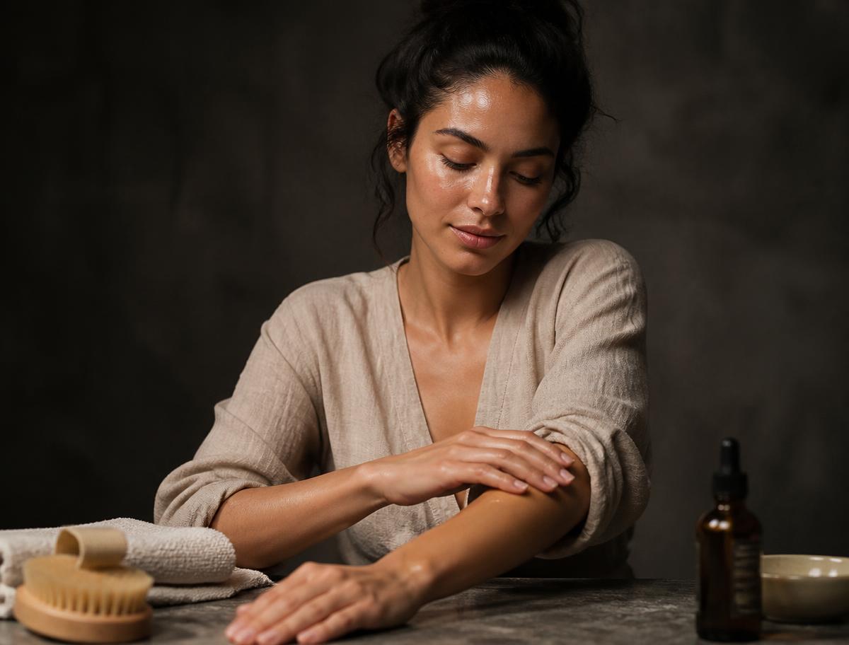 Mujer aplicando aceite de ricino en su brazo junto a un cepillo en seco